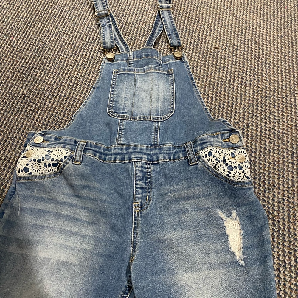 Justice lace embellished overalls. Size 18 MidRise Super Skinny. Distressed/lace - Picture 5 of 11